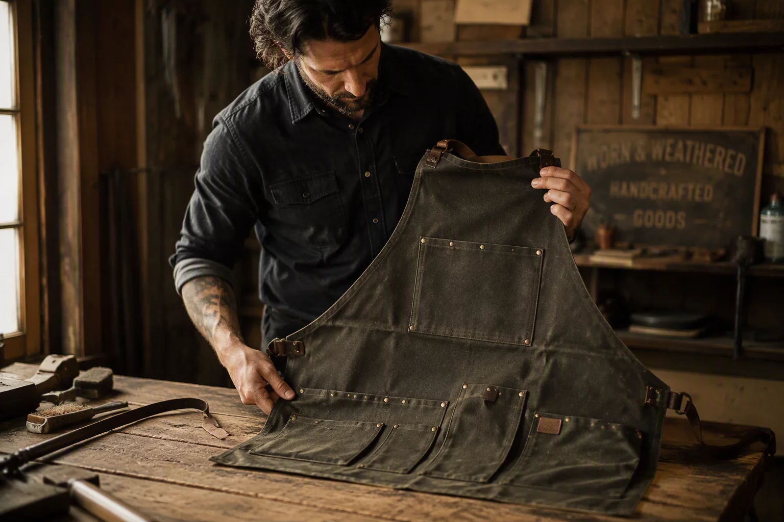 Artisan preparing handcrafted cargo aprons
