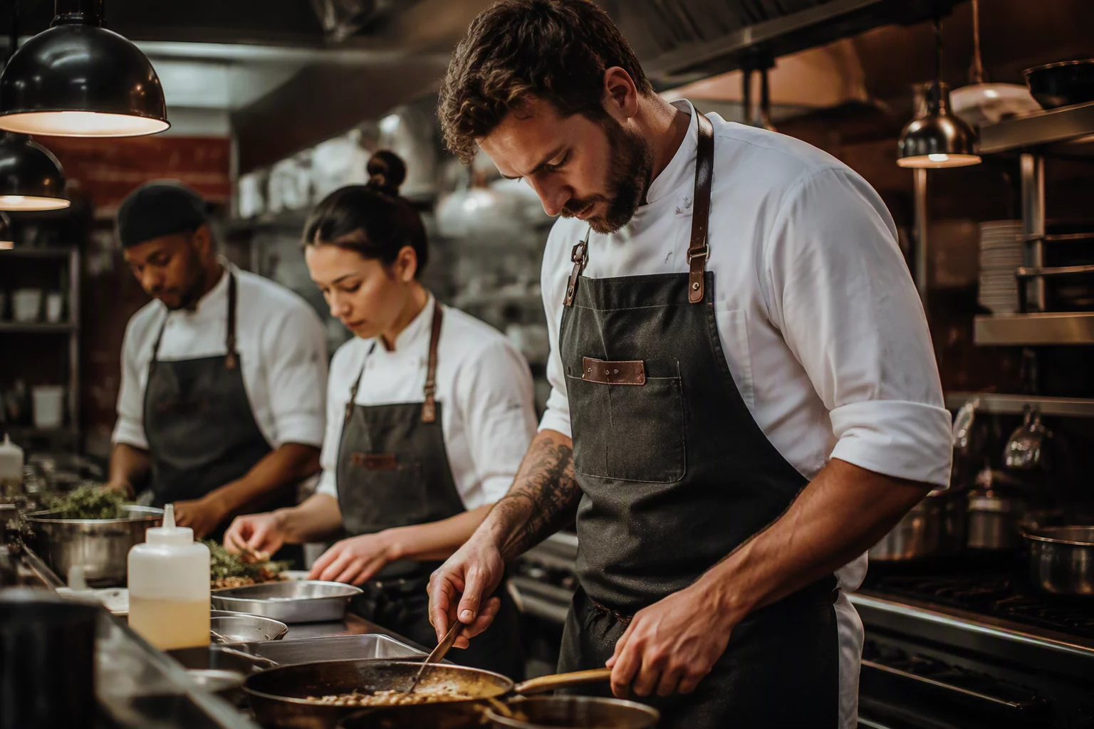 Culinary team outfitted in durable commercial kitchen aprons