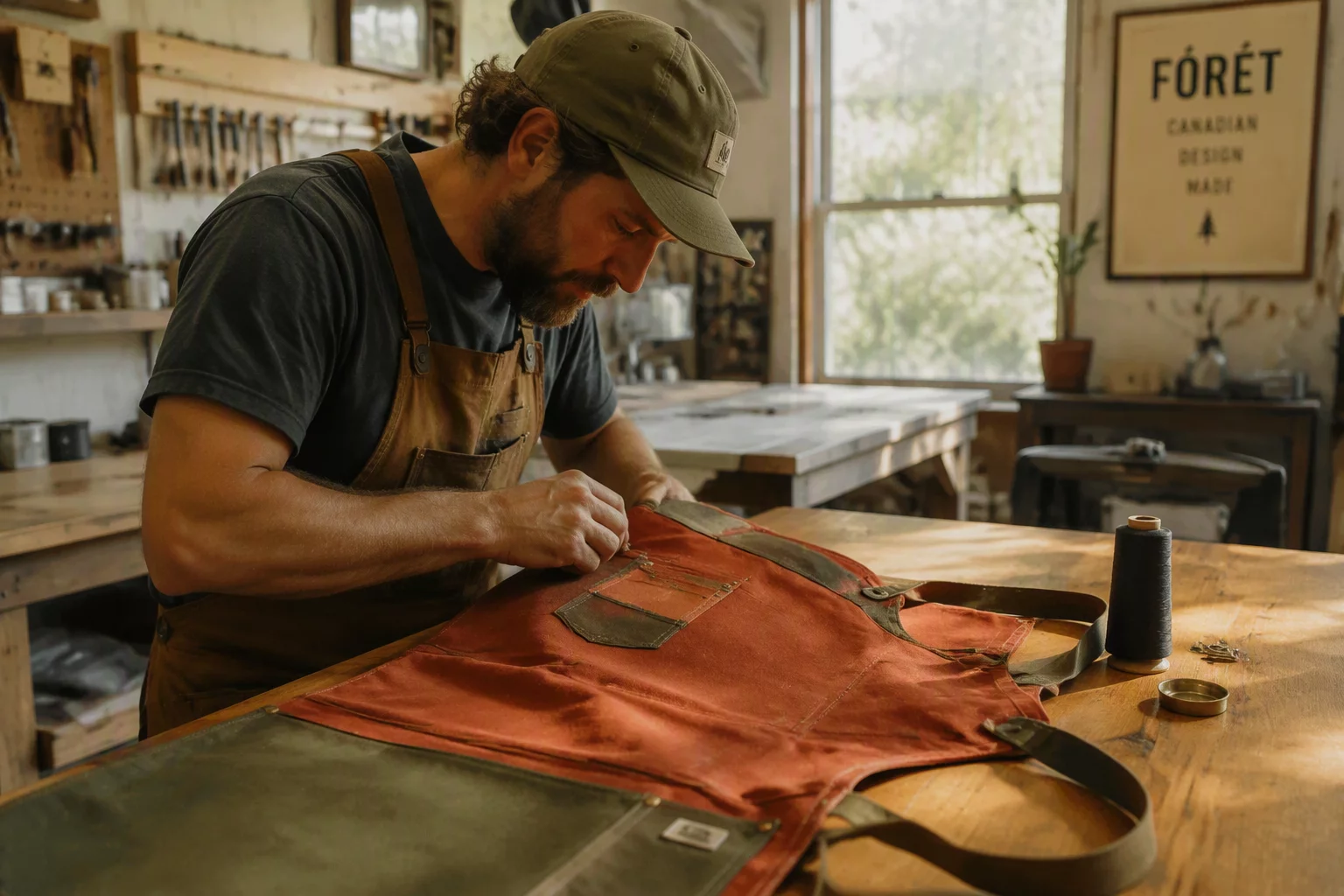 Artisan tailoring a heavy canvas apron in a Canadian workshop studio