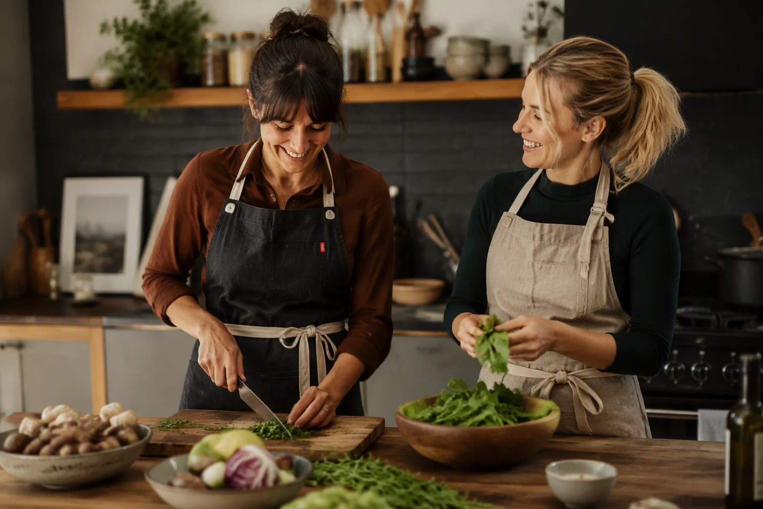 Friends cooking together wearing artisan kitchen aprons